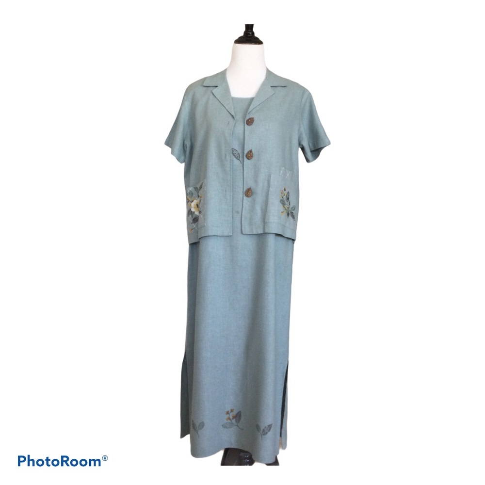 Vintage Maxi Dress and Jacket Top Floral Embellishment Carved Shell Buttons 8P